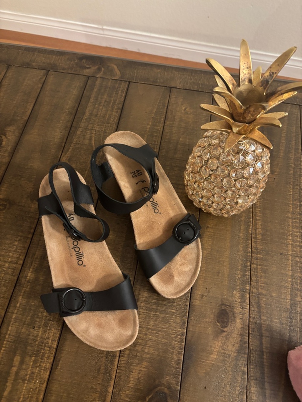Papillio Black Leather Slingback Buckle Sandals